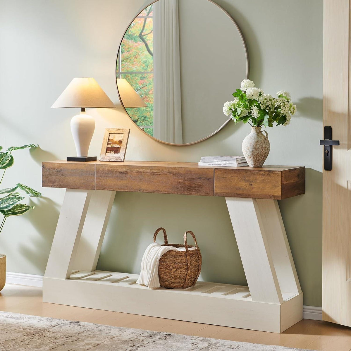 Farmhouse Entryway Table, 60" Wooden Hallway Foyer Table with Drawer, Heavy Duty Base