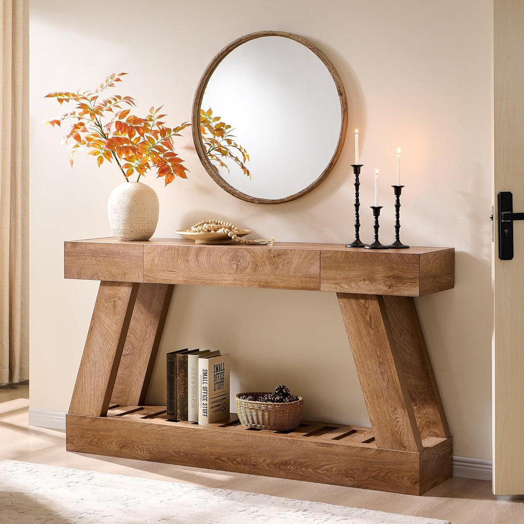 Farmhouse Entryway Table, 60" Wooden Hallway Foyer Table with Drawer, Heavy Duty Base