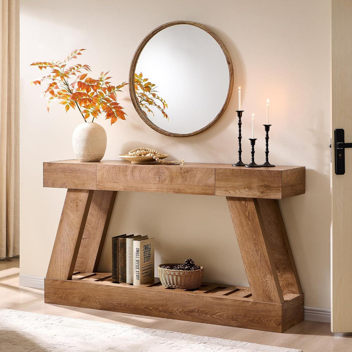 Farmhouse Entryway Table, 60" Wooden Hallway Foyer Table with Drawer, Heavy Duty Base