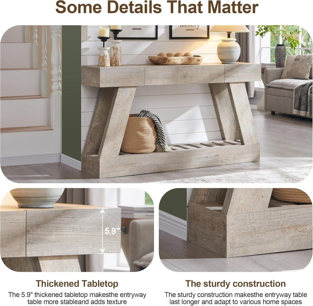 Farmhouse Entryway Table, 60" Wooden Hallway Foyer Table with Drawer, Heavy Duty Base