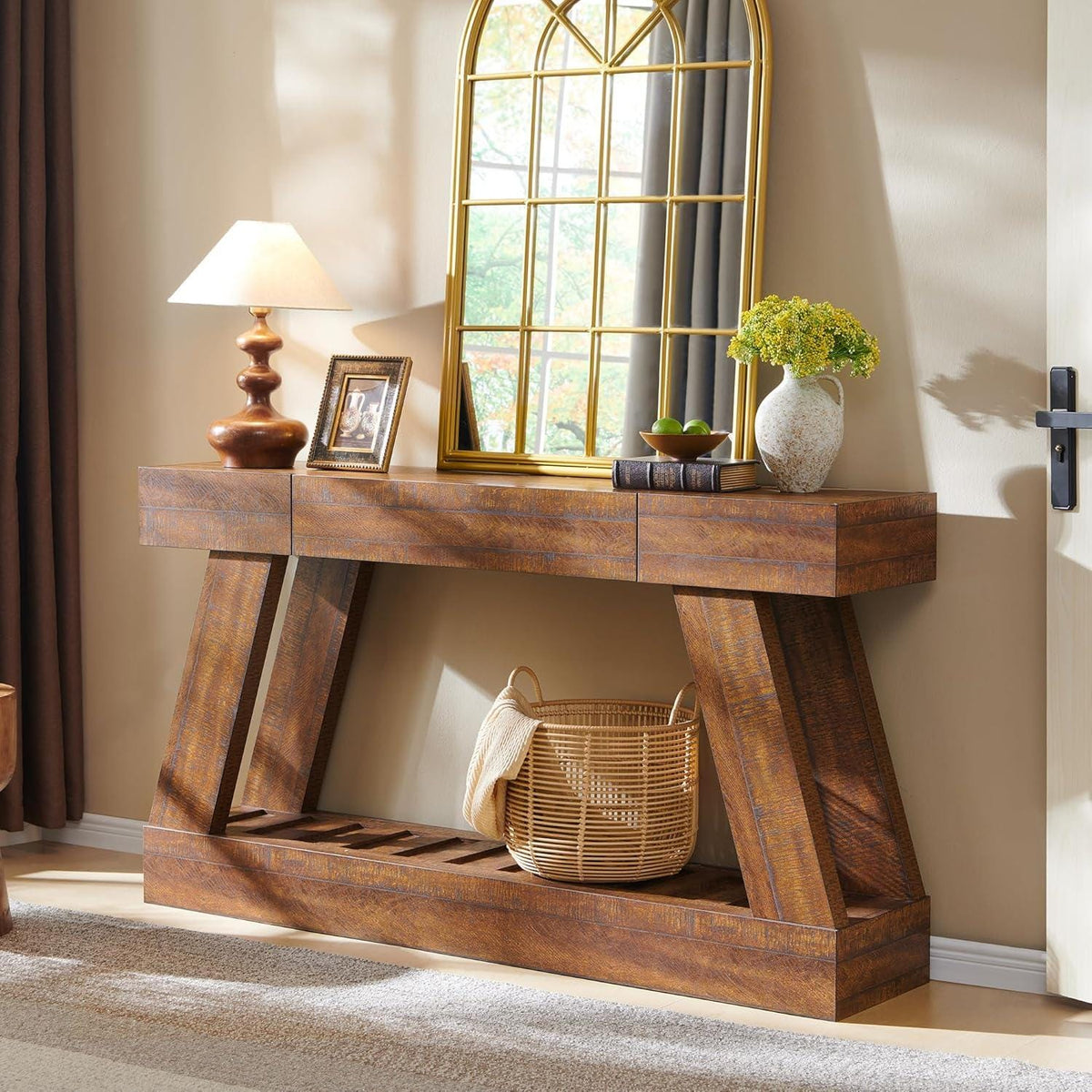 Farmhouse Entryway Table, 60" Wooden Hallway Foyer Table with Drawer, Heavy Duty Base