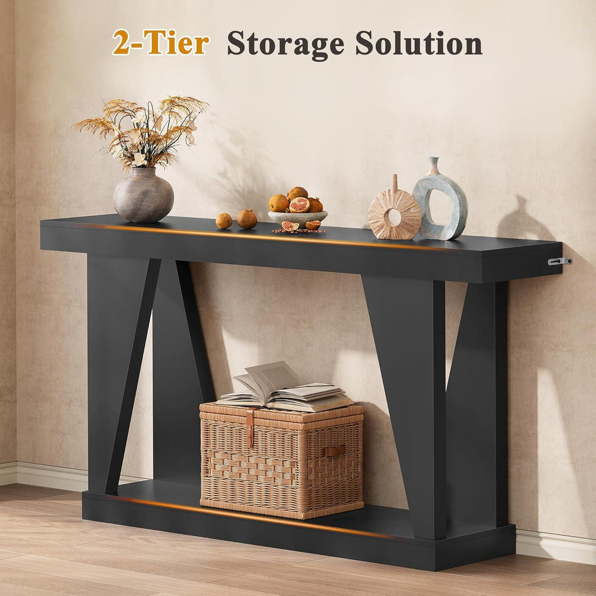 55" Farmhouse Console Table with Storage Shelves, Narrow Wooden Entryway Sofa Table for Hallway, Living Room & Foyer, Rustic Brown