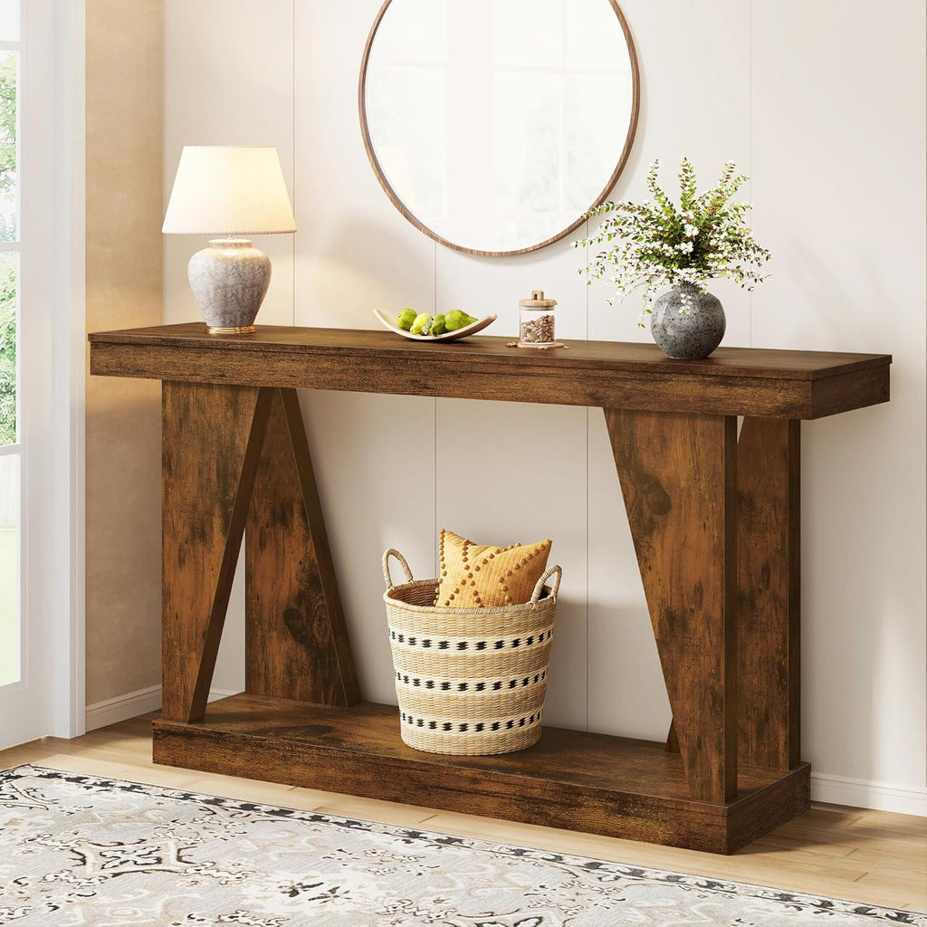 55" Farmhouse Console Table with Storage Shelves, Narrow Wooden Entryway Sofa Table for Hallway, Living Room & Foyer, Rustic Brown
