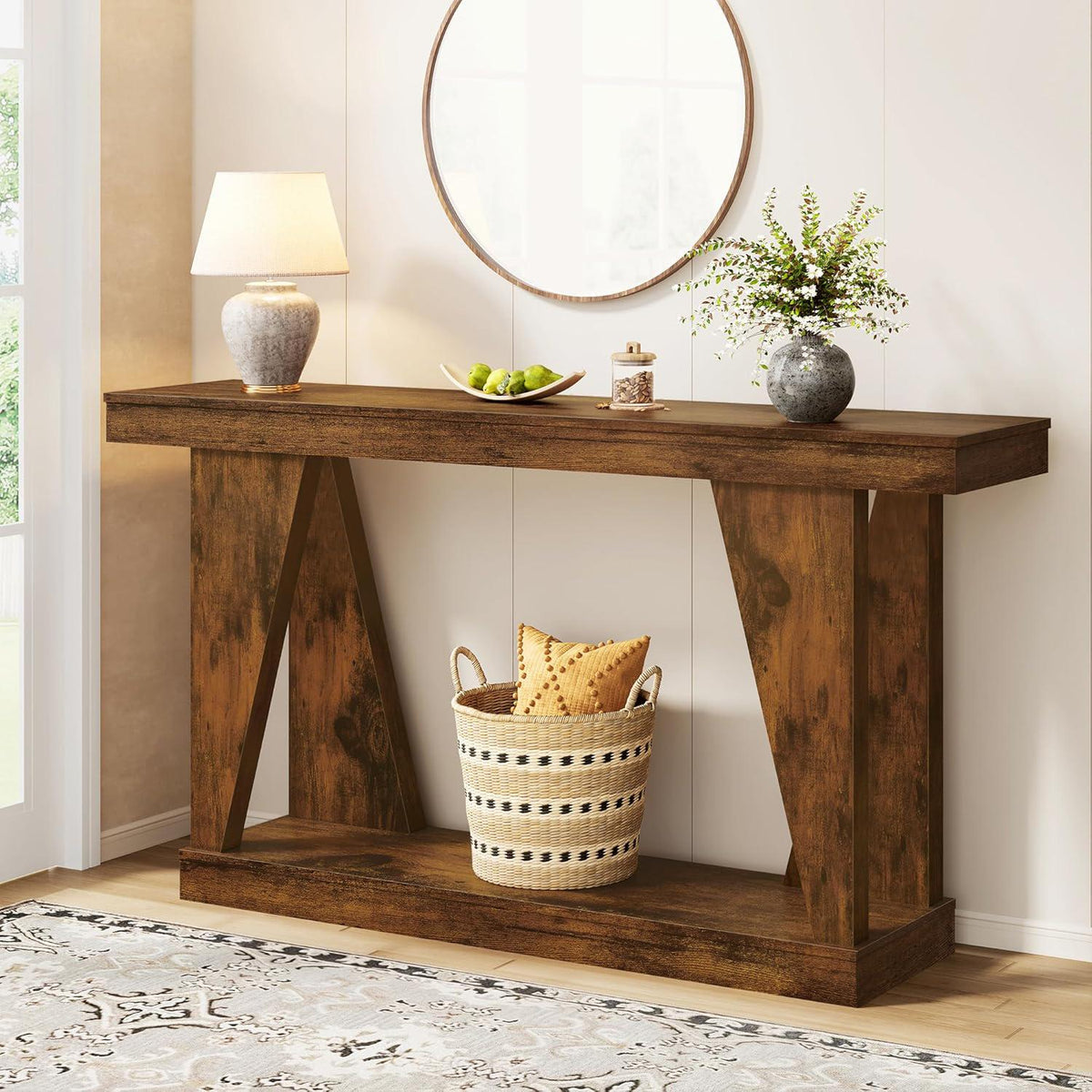 55" Farmhouse Console Table with Storage Shelves, Narrow Wooden Entryway Sofa Table for Hallway, Living Room & Foyer, Rustic Brown