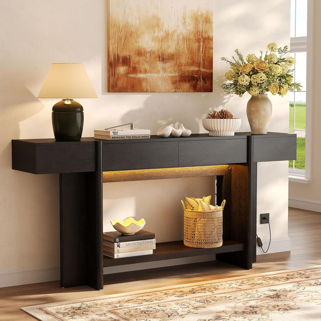 Farmhouse Console Table, 70.8" Entryway Sofa Table with 2 Drawers, LED Lights