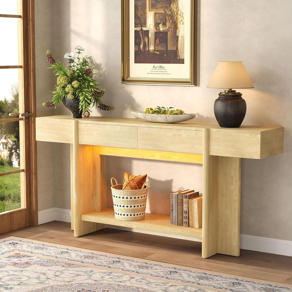 Farmhouse Console Table, 70.8" Entryway Sofa Table with 2 Drawers, LED Lights