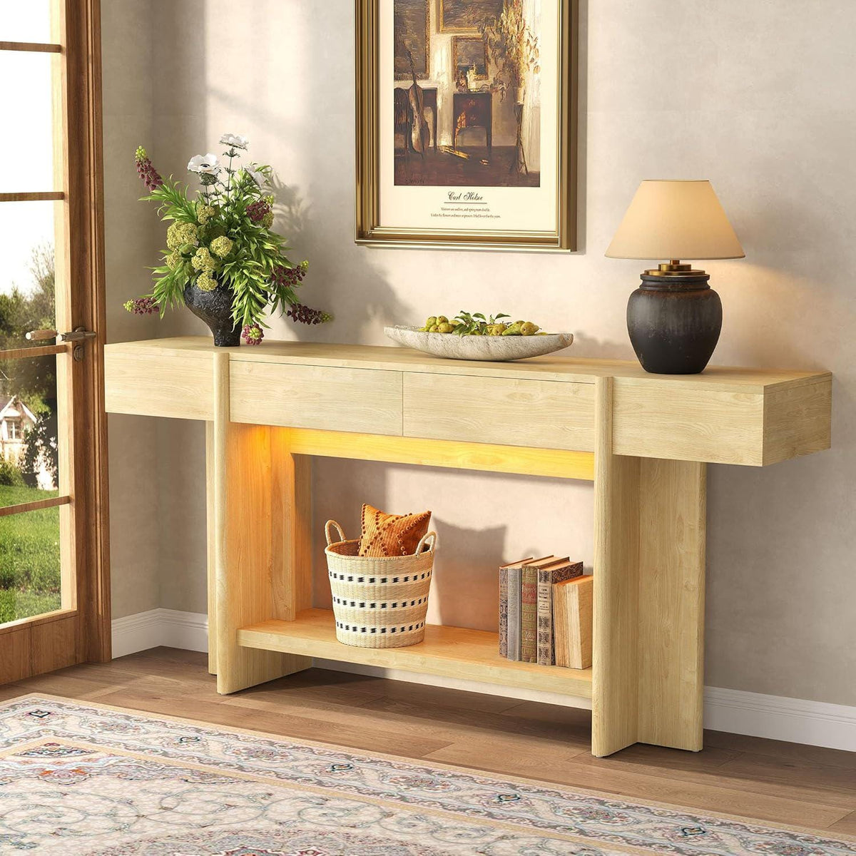 Farmhouse Console Table, 70.8" Entryway Sofa Table with 2 Drawers, LED Lights
