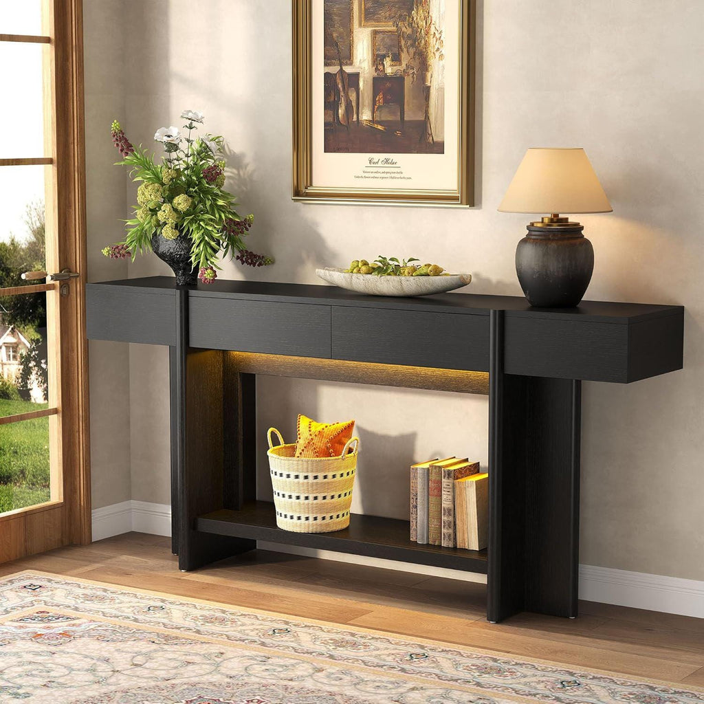 Farmhouse Console Table, 70.8" Entryway Sofa Table with 2 Drawers, LED Lights