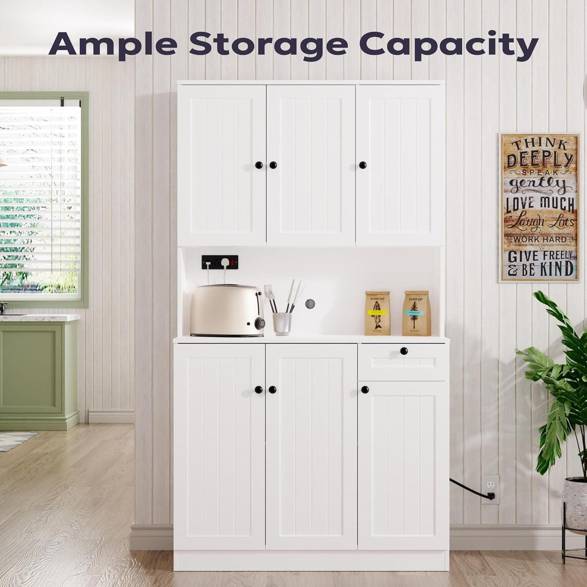 Farmhouse Pantry Cabinet with Charging Station, Microwave Stand, Storage Hutch