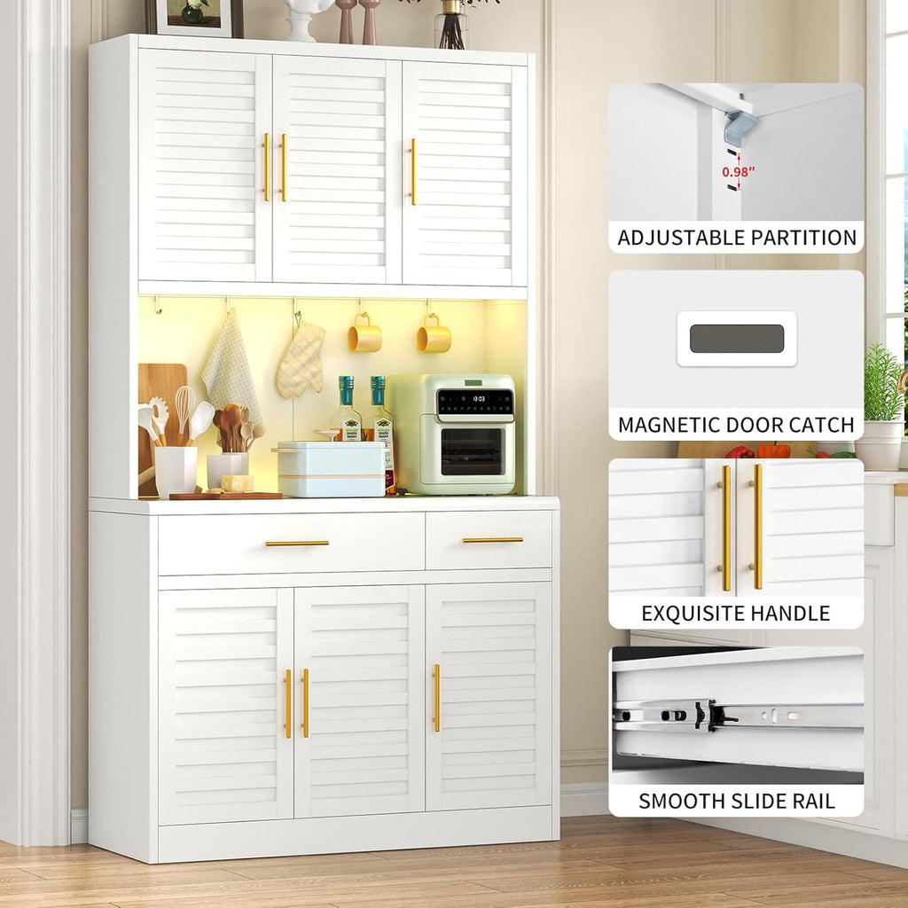 71" Kitchen Pantry Cabinet with Adjustable Shelves, Microwave Stand, 2 Drawers & Large Storage, White