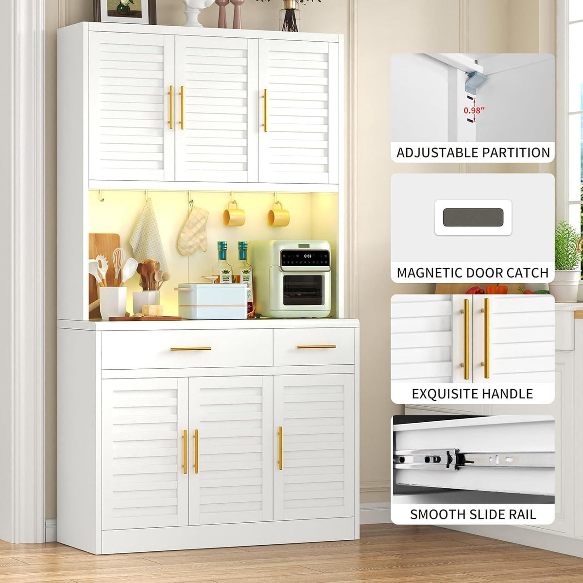 71" Kitchen Pantry Cabinet with Adjustable Shelves, Microwave Stand, 2 Drawers & Large Storage, White
