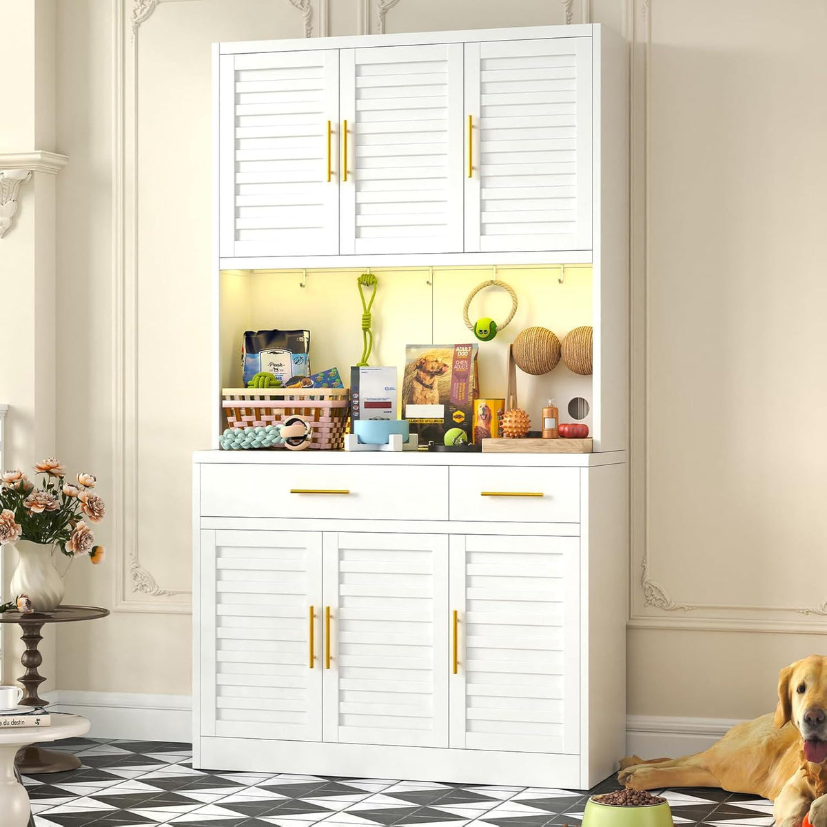71" Kitchen Pantry Cabinet with Adjustable Shelves, Microwave Stand, 2 Drawers & Large Storage, White