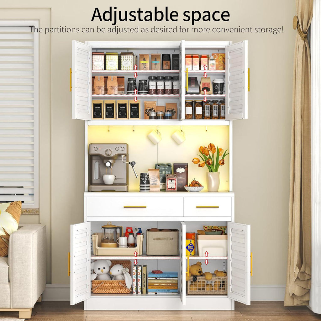71" Kitchen Pantry Cabinet with Adjustable Shelves, Microwave Stand, 2 Drawers & Large Storage, White