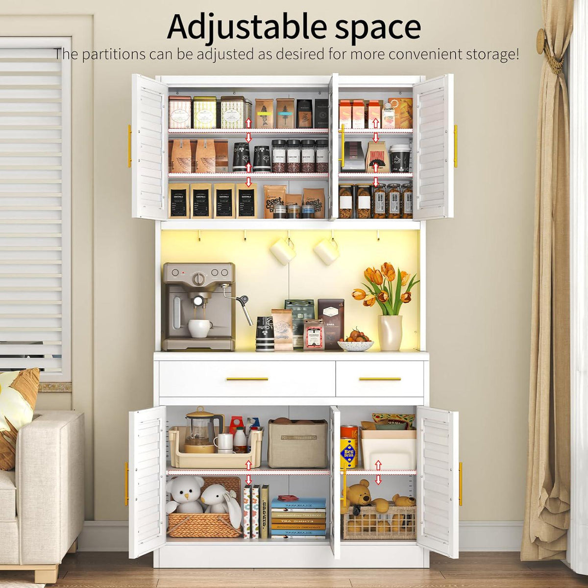 71" Kitchen Pantry Cabinet with Adjustable Shelves, Microwave Stand, 2 Drawers & Large Storage, White