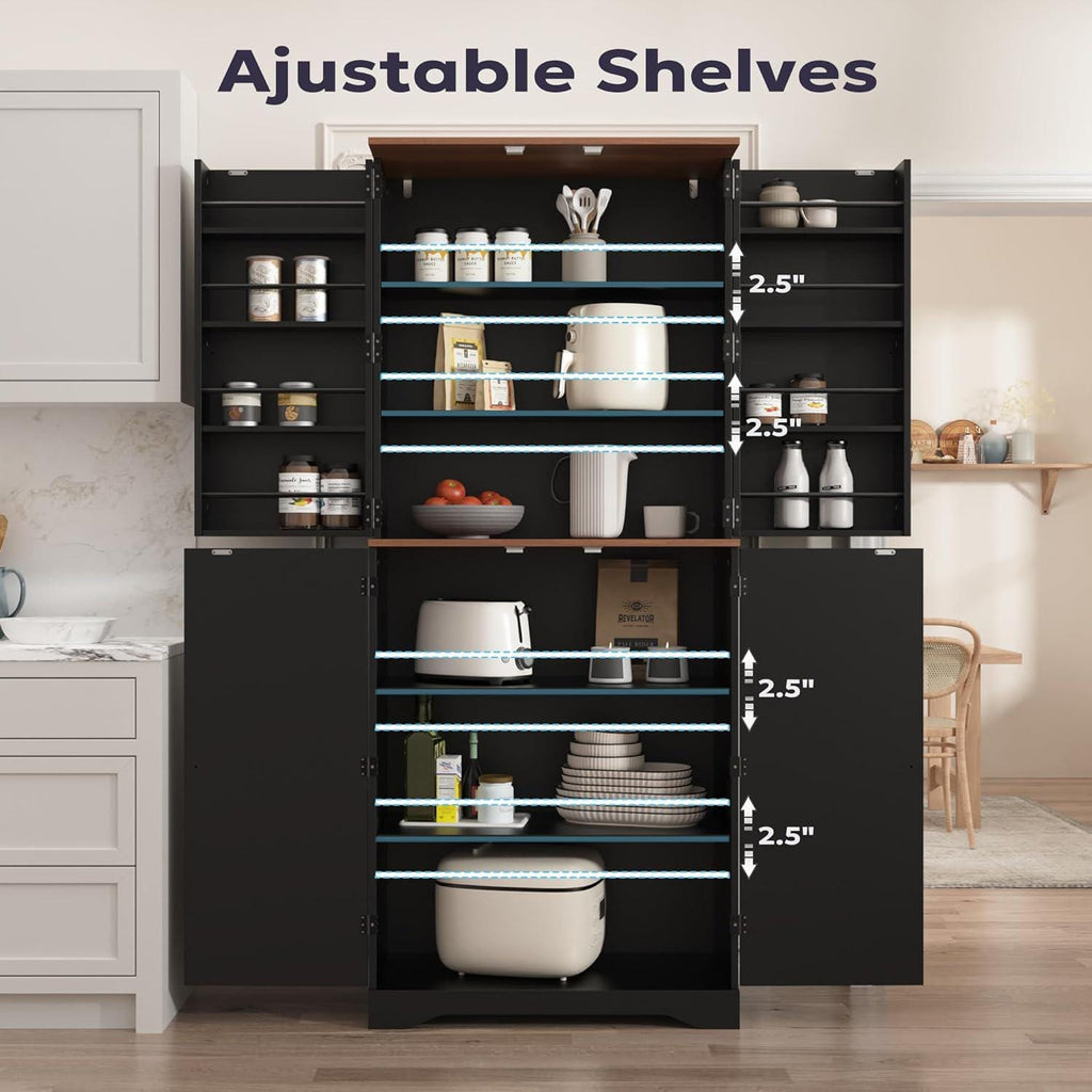 Farmhouse Kitchen Pantry Cabinet, Black Freestanding Storage Cupboard, Adjustable Shelves