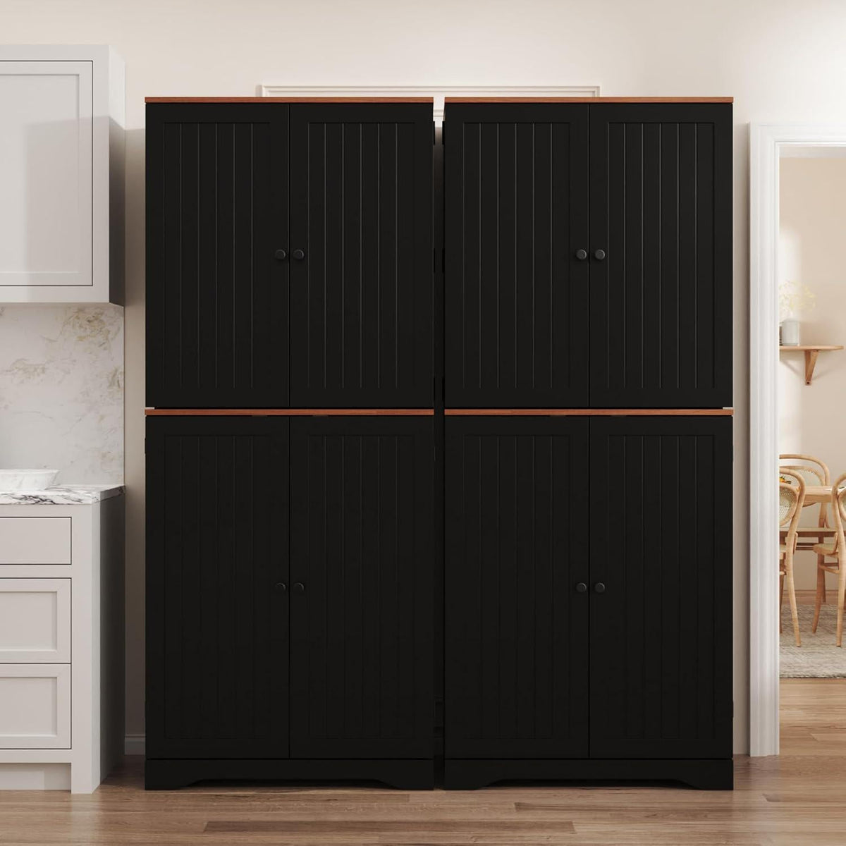 Farmhouse Kitchen Pantry Cabinet, Black Freestanding Storage Cupboard, Adjustable Shelves