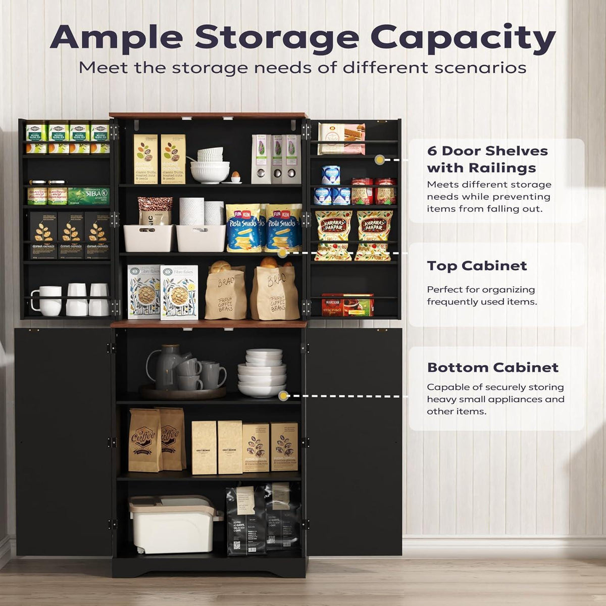 Farmhouse Kitchen Pantry Cabinet, Black Freestanding Storage Cupboard, Adjustable Shelves