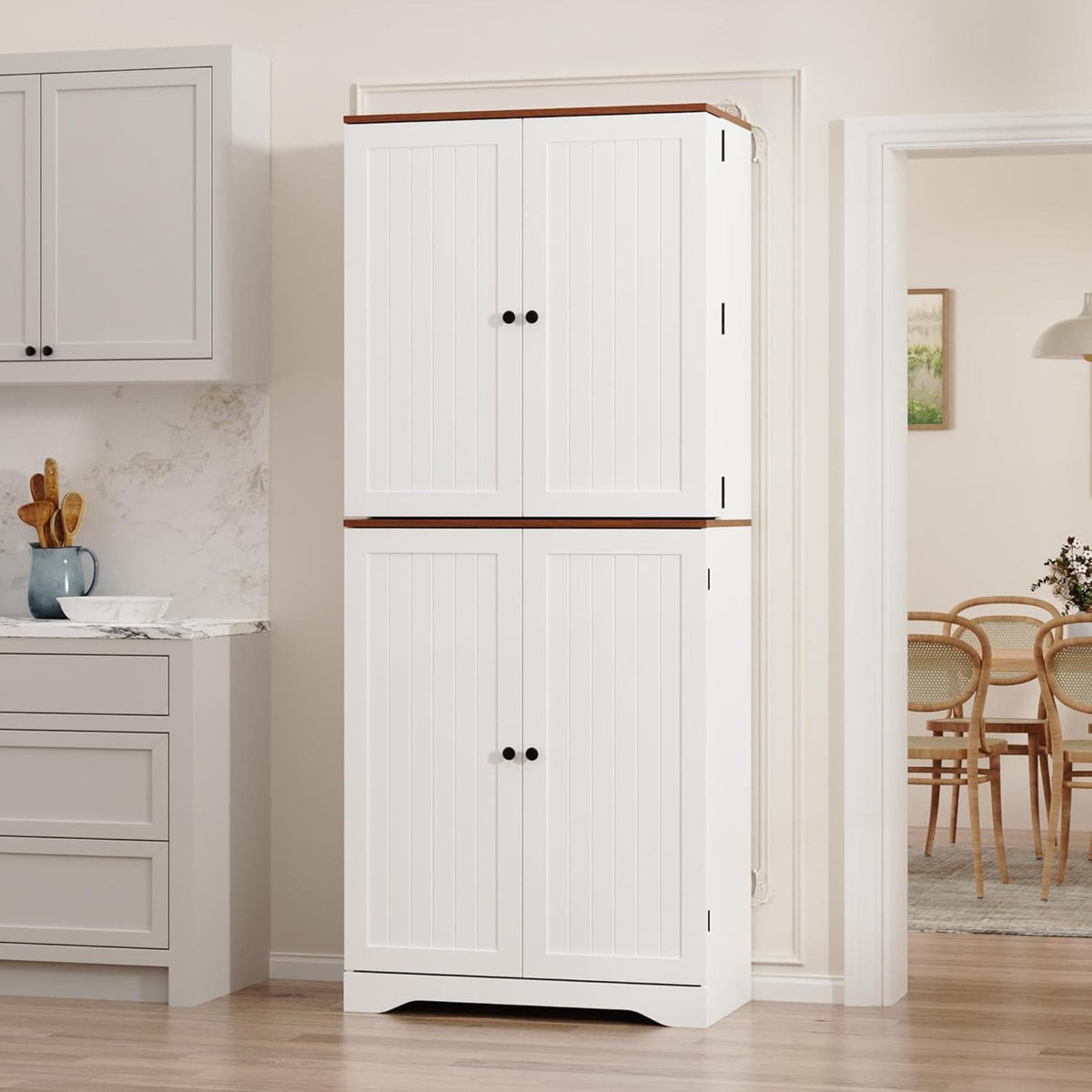 Farmhouse Kitchen Pantry Cabinet, Black Freestanding Storage Cupboard, Adjustable Shelves