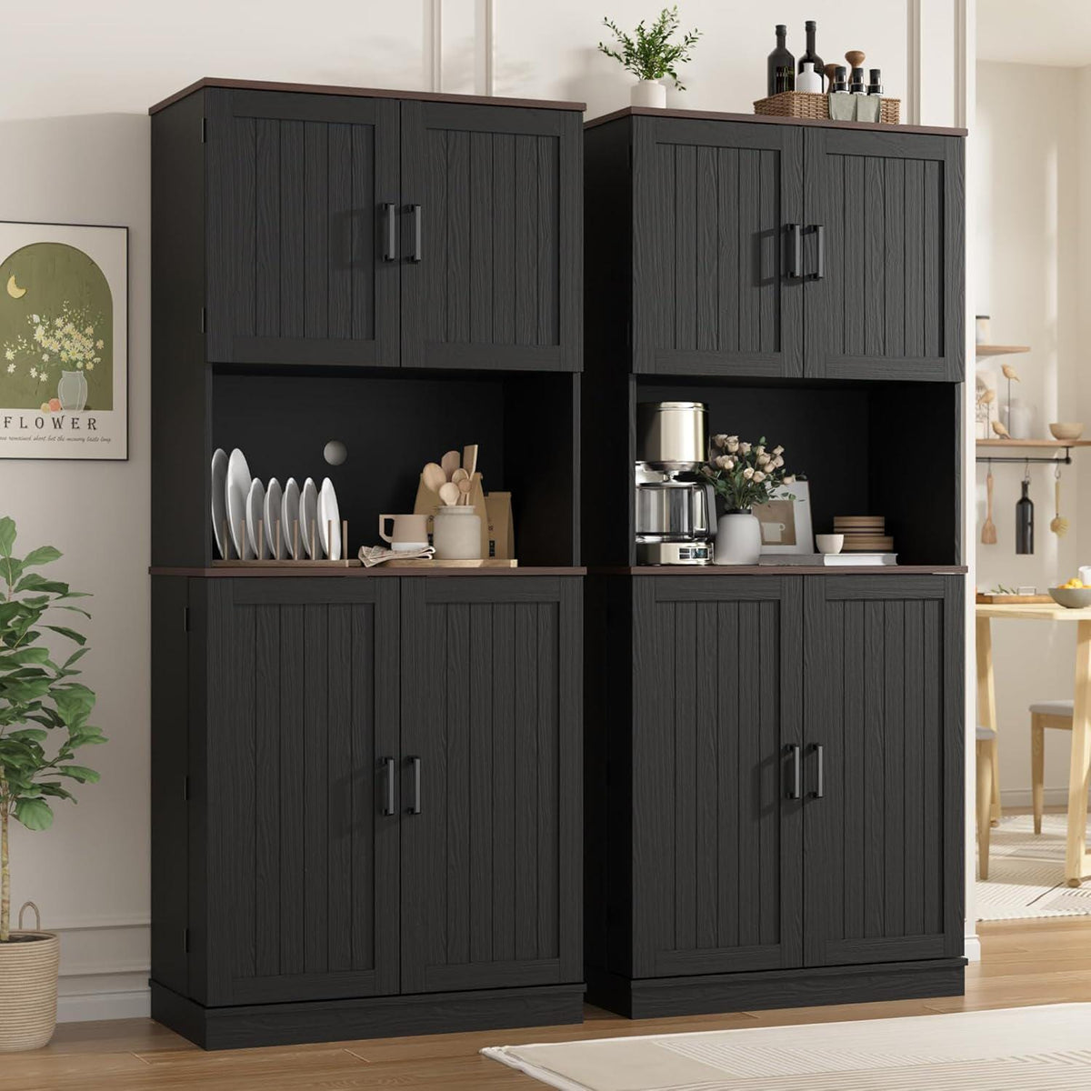 71" Farmhouse Kitchen Pantry Cabinet with Adjustable Shelves & Hanging Storage, Freestanding Cupboard, Rustic Black