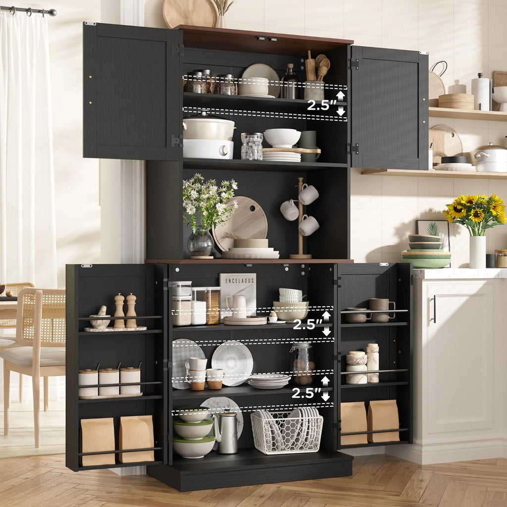 71" Farmhouse Kitchen Pantry Cabinet with Adjustable Shelves & Hanging Storage, Freestanding Cupboard, Rustic Black
