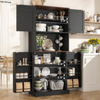 71" Farmhouse Kitchen Pantry Cabinet with Adjustable Shelves & Hanging Storage, Freestanding Cupboard, Rustic Black