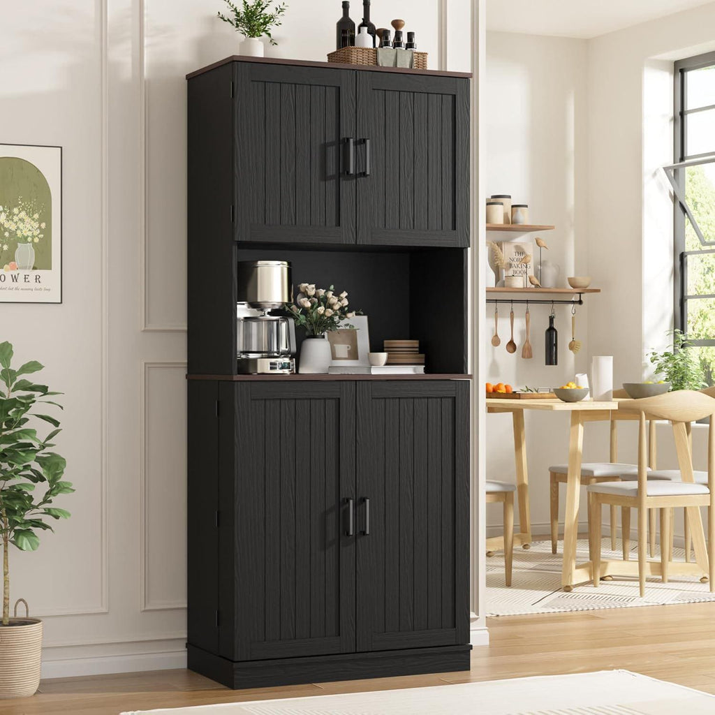 71" Farmhouse Kitchen Pantry Cabinet with Adjustable Shelves & Hanging Storage, Freestanding Cupboard, Rustic Black