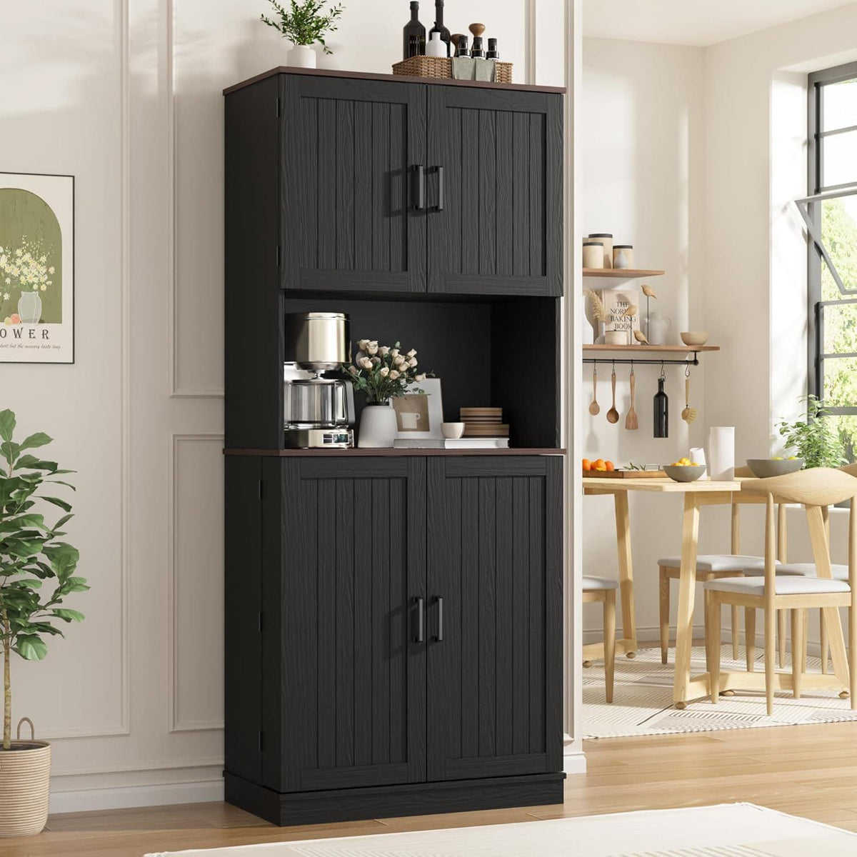 71" Farmhouse Kitchen Pantry Cabinet with Adjustable Shelves & Hanging Storage, Freestanding Cupboard, Rustic Black
