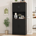 71" Farmhouse Kitchen Pantry Cabinet with Adjustable Shelves & Hanging Storage, Freestanding Cupboard, Rustic Black