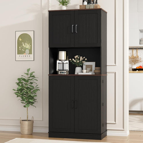 71" Farmhouse Kitchen Pantry Cabinet with Adjustable Shelves & Hanging Storage, Freestanding Cupboard, Rustic Black