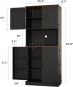 71" Farmhouse Kitchen Pantry Cabinet with Adjustable Shelves & Hanging Storage, Freestanding Cupboard, Rustic Black