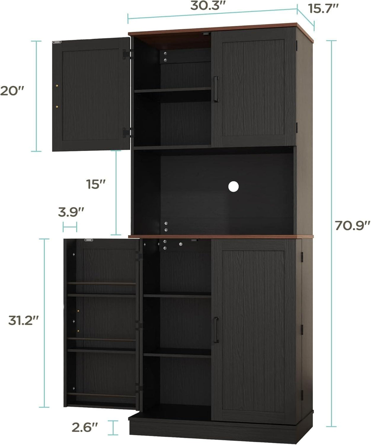 71" Farmhouse Kitchen Pantry Cabinet with Adjustable Shelves & Hanging Storage, Freestanding Cupboard, Rustic Black