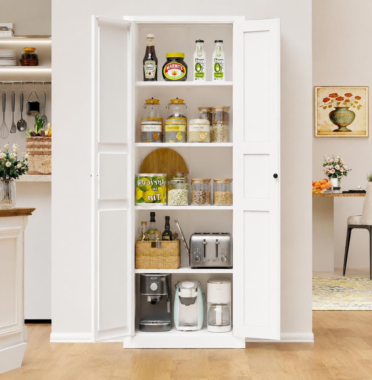 Farmhouse Metal Pantry Cabinet, 4 Door Kitchen Storage Cabinet, Tall Food Pantry Organizer, Adjustable Shelves Cabinet, White Steel Cupboard