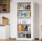 Farmhouse Metal Pantry Cabinet, 4 Door Kitchen Storage Cabinet, Tall Food Pantry Organizer, Adjustable Shelves Cabinet, White Steel Cupboard