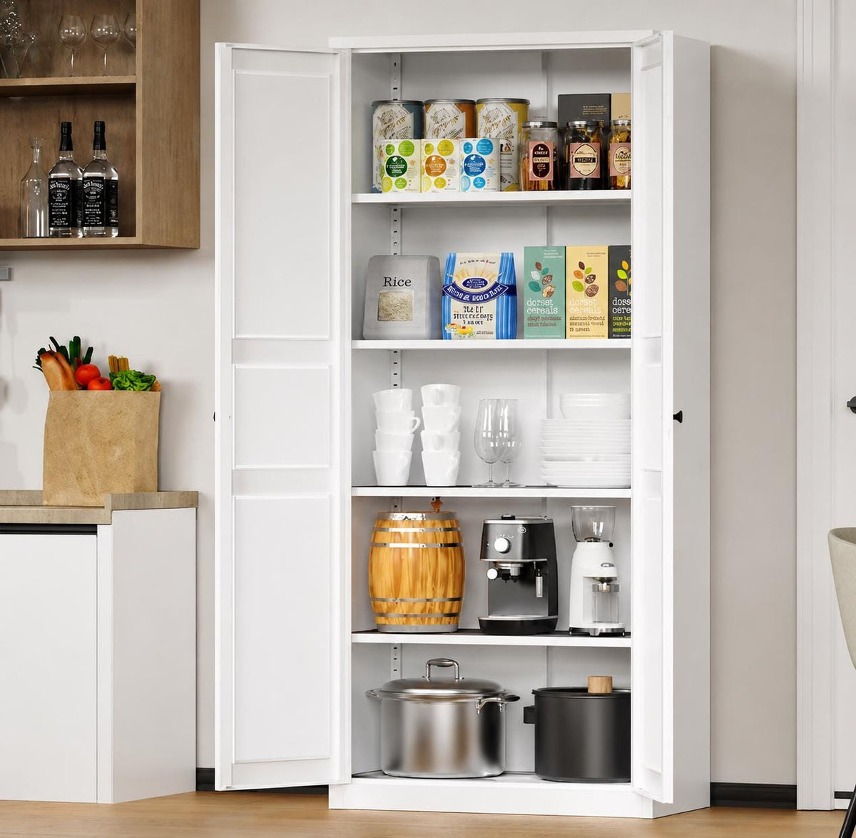 Farmhouse Metal Pantry Cabinet, 4 Door Kitchen Storage Cabinet, Tall Food Pantry Organizer, Adjustable Shelves Cabinet, White Steel Cupboard