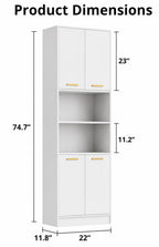 Modern Kitchen Pantry Cabinet with Open Shelves, 4-Door Storage Organizer, Tall Freestanding Bookcase Cabinet for Kitchen,
