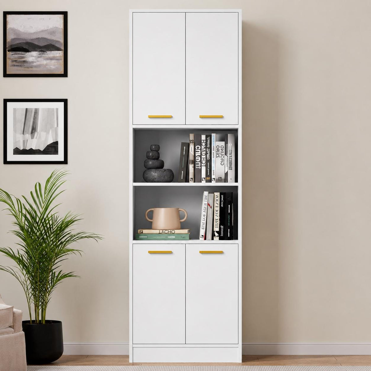 Modern Kitchen Pantry Cabinet with Open Shelves, 4-Door Storage Organizer, Tall Freestanding Bookcase Cabinet for Kitchen,