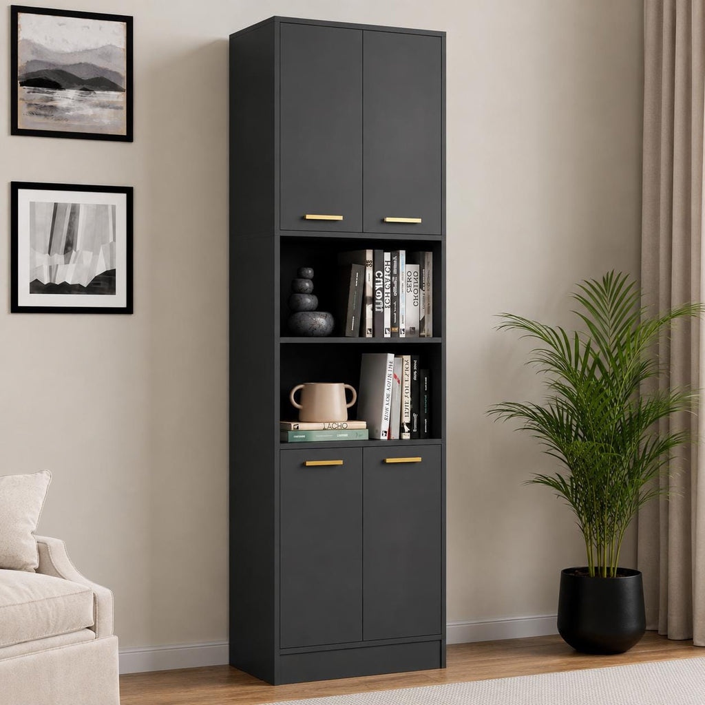 Modern Kitchen Pantry Cabinet with Open Shelves, 4-Door Storage Organizer, Tall Freestanding Bookcase Cabinet for Kitchen,