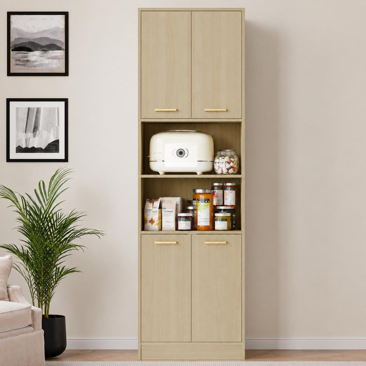 Modern Kitchen Pantry Cabinet with Open Shelves, 4-Door Storage Organizer, Tall Freestanding Bookcase Cabinet for Kitchen,