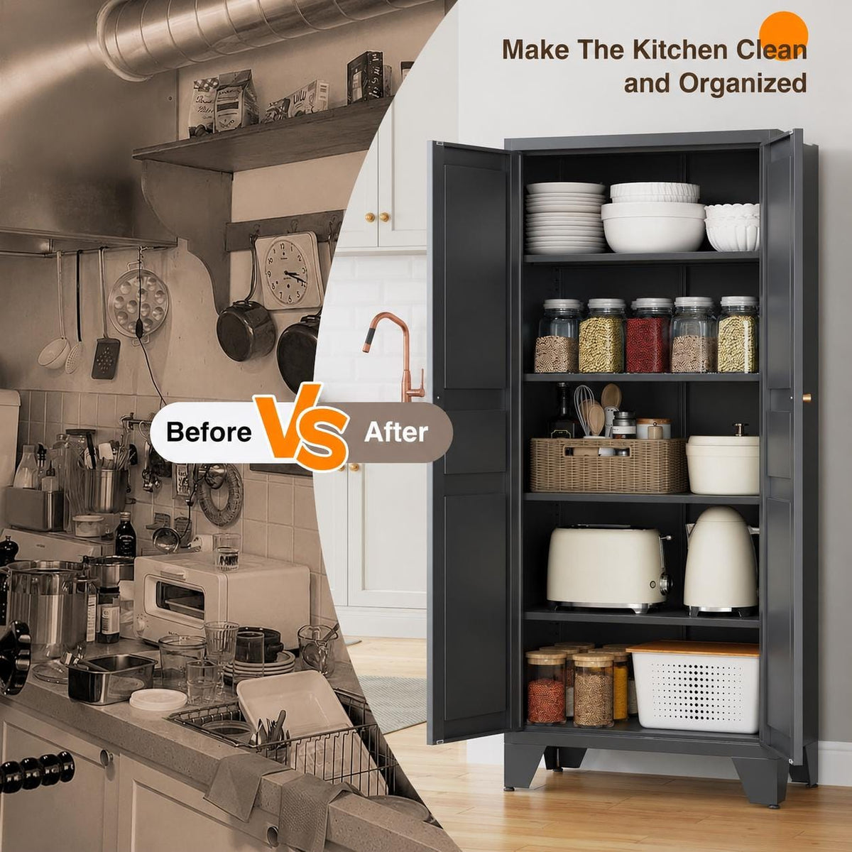 Heavy Duty Metal Storage Cabinet with Adjustable Shelves, Tall Kitchen Pantry Organizer, Steel Utility Cabinet for Home Office Garage