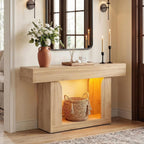 47" Farmhouse Console Table with LED Lights and Charging Station, Oak Wood Sofa Table