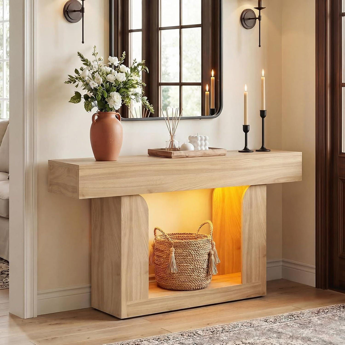 47" Farmhouse Console Table with LED Lights and Charging Station, Oak Wood Sofa Table