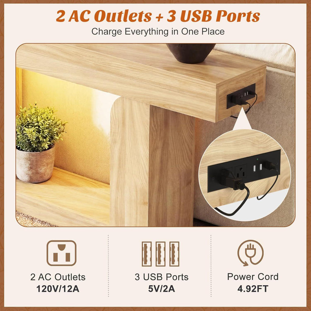 47" Farmhouse Console Table with LED Lights and Charging Station, Oak Wood Sofa Table