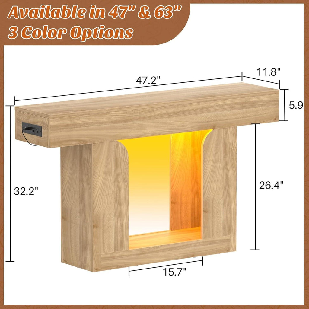 47" Farmhouse Console Table with LED Lights and Charging Station, Oak Wood Sofa Table