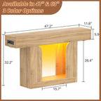 47" Farmhouse Console Table with LED Lights and Charging Station, Oak Wood Sofa Table