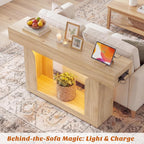 47" Farmhouse Console Table with LED Lights and Charging Station, Oak Wood Sofa Table