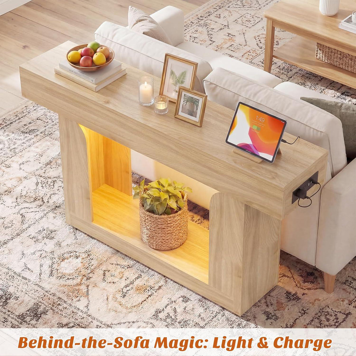 47" Farmhouse Console Table with LED Lights and Charging Station, Oak Wood Sofa Table