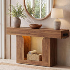 47" Farmhouse Console Table with LED Lights and Charging Station, Oak Wood Sofa Table