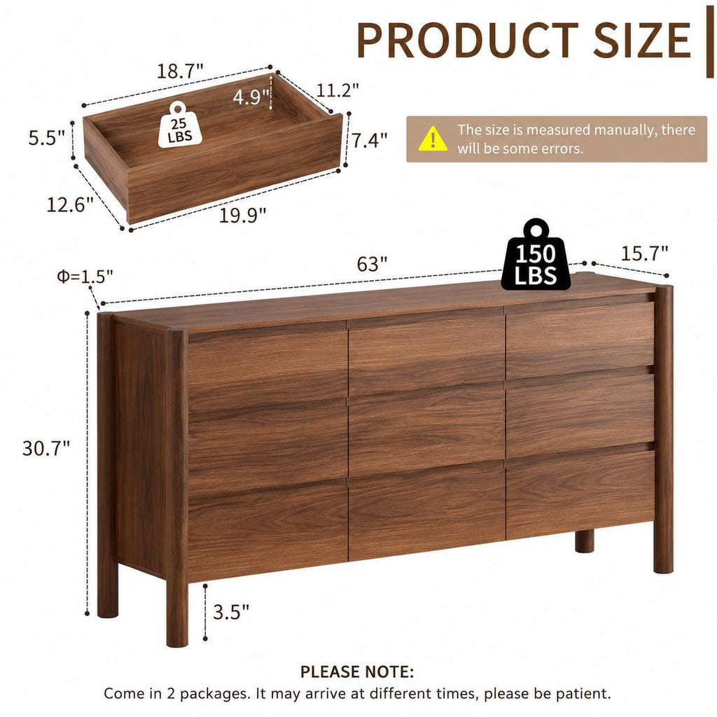 Walnut 9-Drawer Dresser for Bedroom – Modern Engineered Wood Storage Cabinet with Hidden Handles