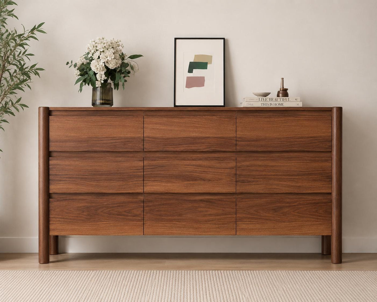 Walnut 9-Drawer Dresser for Bedroom – Modern Engineered Wood Storage Cabinet with Hidden Handles