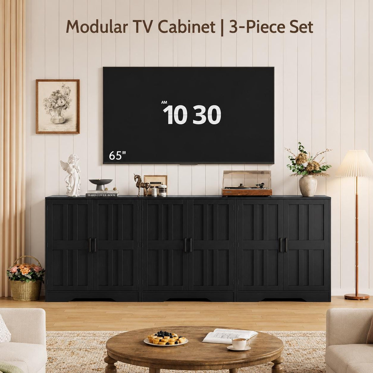 Farmhouse Buffet Cabinet, 63" Storage with 4 Doors, Wood Grain Finish, Living Room Furniture